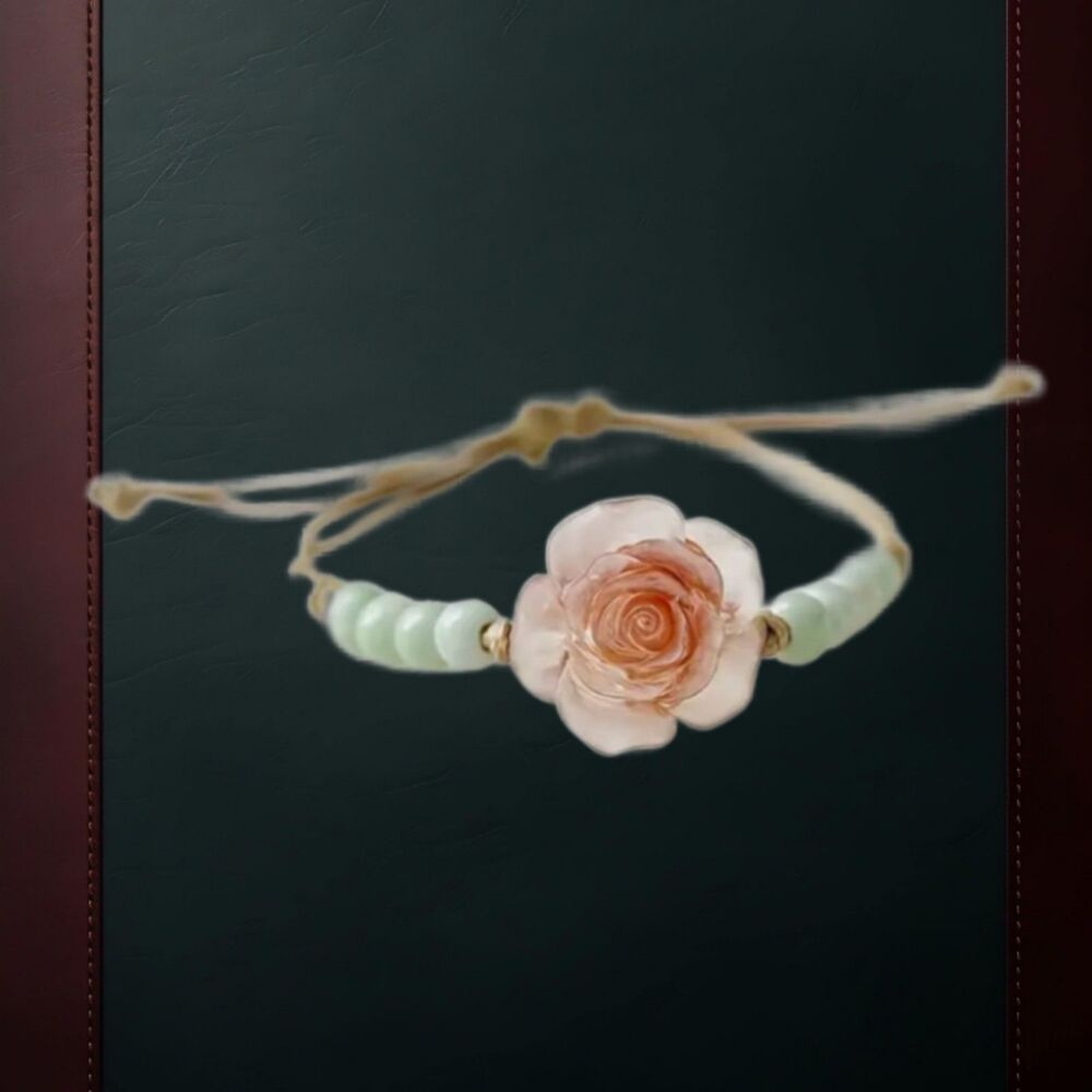 Macrame Bracelet 3D Peach Flower Green Beads TRENDING